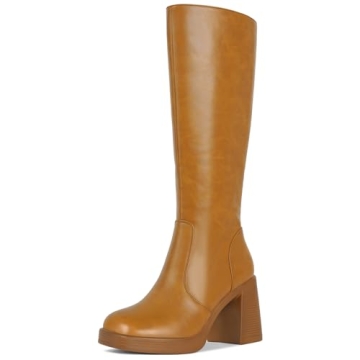 SOVANYOU Tan Boots Brown Knee High Boots for Women Chunky High Heeled Boots Square Toe Faux Leather ...