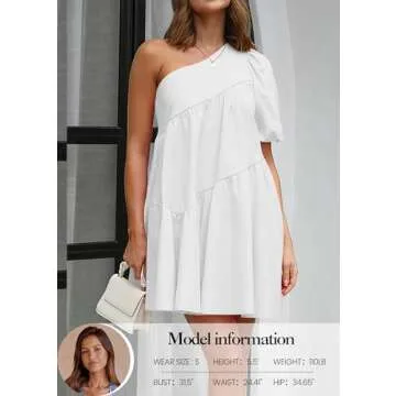 KIRUNDO Womens 2025 Summer Casual One Shoulder Mini Babydoll Dress Puff Sleeve Loose Tiered A Line F...