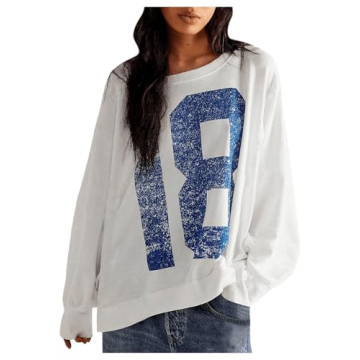 SHENHE Women's Oversized Graphic Sweatshirt Crewneck Number Print Vintage Sweatshirt Top White Mediu...