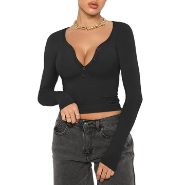 Stylish REORIA Women Sexy Long Sleeve Henley T-Shirt