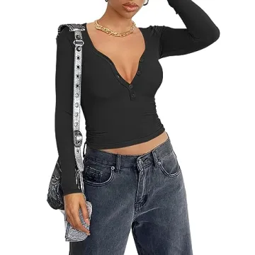 Stylish REORIA Women Sexy Long Sleeve Henley T-Shirt