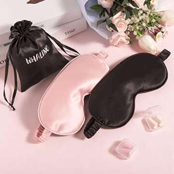 Whaline 2 Pcs Silk Sleep Eye Cover with Ear Plugs and Elastic Strap, Soft and Smooth Eye Cover for Men & Women Night Sleeping, Travel, Nap (Pink & Black)
