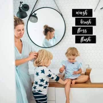 Bathroom Wall Decor, Black and White Bathroom Rules Wall Art Sign, Vintage Wooden Bathroom Decoratio...