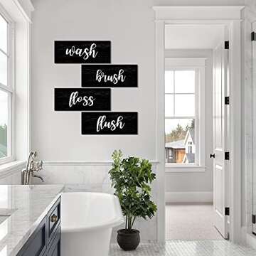 Bathroom Wall Decor, Black and White Bathroom Rules Wall Art Sign, Vintage Wooden Bathroom Decorations, Farmhouse Restroom Accessories - Wash Brush Floss Flush (Black)