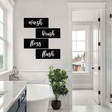Bathroom Wall Decor, Black and White Bathroom Rules Wall Art Sign, Vintage Wooden Bathroom Decorations, Farmhouse Restroom Accessories - Wash Brush Floss Flush (Black)