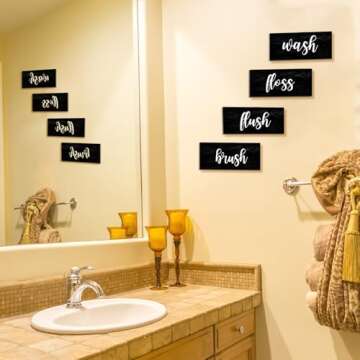 Bathroom Wall Decor, Black and White Bathroom Rules Wall Art Sign, Vintage Wooden Bathroom Decorations, Farmhouse Restroom Accessories - Wash Brush Floss Flush (Black)