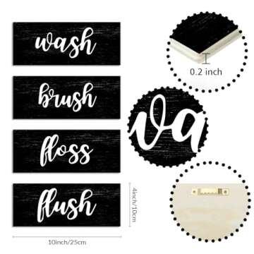 Bathroom Wall Decor, Black and White Bathroom Rules Wall Art Sign, Vintage Wooden Bathroom Decorations, Farmhouse Restroom Accessories - Wash Brush Floss Flush (Black)