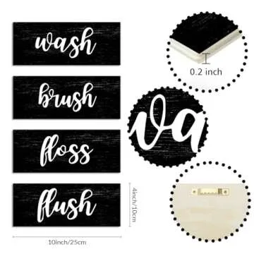 Bathroom Wall Decor, Black and White Bathroom Rules Wall Art Sign, Vintage Wooden Bathroom Decorations, Farmhouse Restroom Accessories - Wash Brush Floss Flush (Black)