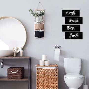 Bathroom Wall Decor, Black and White Bathroom Rules Wall Art Sign, Vintage Wooden Bathroom Decorations, Farmhouse Restroom Accessories - Wash Brush Floss Flush (Black)