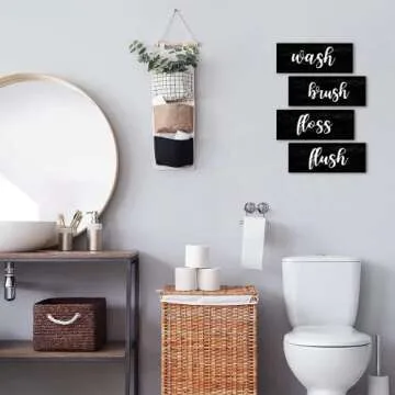 Bathroom Wall Decor, Black and White Bathroom Rules Wall Art Sign, Vintage Wooden Bathroom Decorations, Farmhouse Restroom Accessories - Wash Brush Floss Flush (Black)