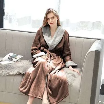 Hellomamma Women's Fleece Robes, Long Winter Warm Soft Plush Bathrobes for Women, Fluffy Comfy House Coat Coffee Medium