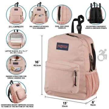 JanSport Central Adaptive Backpack – Wheelchair & Walker Compatible, Tuck-Away Shoulder Straps, Adjustable Backrest Loops & Anchor Straps, Iconic Design, Misty Rose