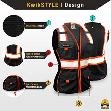KwikSafety - BLACK WIDOW Safety Vest for Women 9 Pockets Premium Reflective Work Gear/Black XS