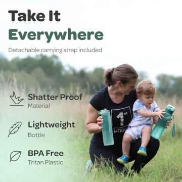 Hydracy Motivational Water Bottle with Time Marker and Strap