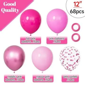 68Pcs Pink Balloon Kit - 12 Inch Metallic, Hot, Confetti and Baby Pink Party Balloons with Ribbons f...