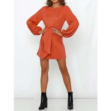 R.Vivimos Women's Autumn Winter Cotton Long Sleeves Elegant Knitted Bodycon Tie Waist Sweater Pencil Dress (Large, Orange)
