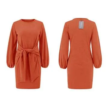R.Vivimos Women's Autumn Winter Cotton Long Sleeves Elegant Knitted Bodycon Tie Waist Sweater Pencil Dress (Large, Orange)