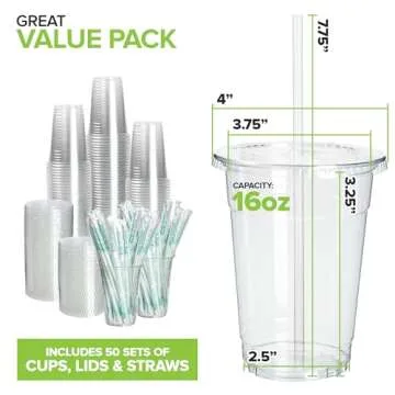 Stock Your Home 16 oz Clear Commercially Compostable Cups with Lids and Straws (Set of 50) Plant Bas...