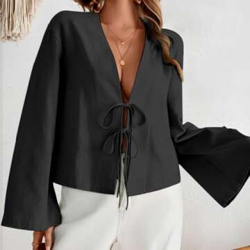 Vilalatfan Tie Front Tops for Women Deep V Neck Elegant Bow Lace Up Shirts Long Sleeve Tie Front Top...