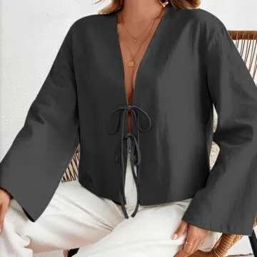 Vilalatfan Tie Front Tops for Women Deep V Neck Elegant Bow Lace Up Shirts Long Sleeve Tie Front Top Femlae Top 2024 Cute Summer Tops Tie Front Blouses for Women