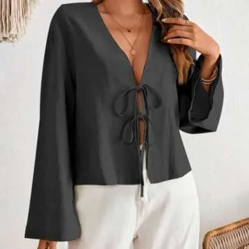 Vilalatfan Tie Front Tops for Women Deep V Neck Elegant Bow Lace Up Shirts Long Sleeve Tie Front Top Femlae Top 2024 Cute Summer Tops Tie Front Blouses for Women