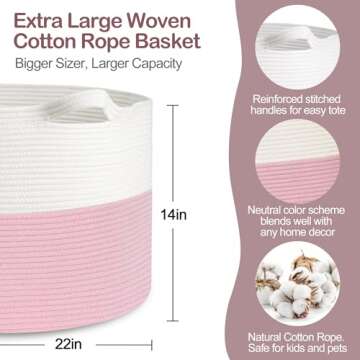 MEGASKET Pink Storage Baskets for Organizing, 22"X22"X14" XXXL Blanket Basket Living Room, Large Toy...