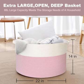 MEGASKET Pink Storage Baskets for Organizing, 22"X22"X14" XXXL Blanket Basket Living Room, Large Toy Basket, Soft Pink Cotton Rope Woven Baskets for Storage, Decorative Gifts Basket Bins for Nursery