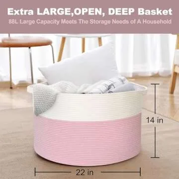 MEGASKET Pink Storage Baskets for Organizing, 22"X22"X14" XXXL Blanket Basket Living Room, Large Toy Basket, Soft Pink Cotton Rope Woven Baskets for Storage, Decorative Gifts Basket Bins for Nursery