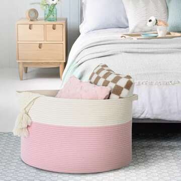 MEGASKET Pink Storage Baskets for Organizing, 22"X22"X14" XXXL Blanket Basket Living Room, Large Toy Basket, Soft Pink Cotton Rope Woven Baskets for Storage, Decorative Gifts Basket Bins for Nursery