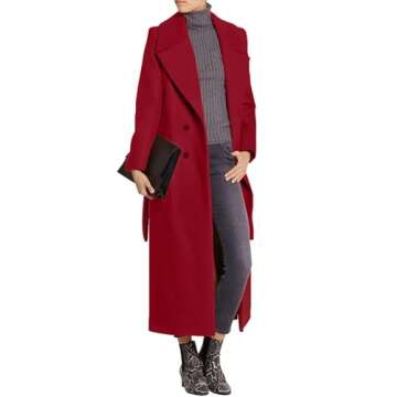 CHARTOU Women's Elegant Lapel Collar Double Breasted Regular Wool Blend Overcoat Coat Belt (X-Small, Red)