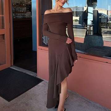 Womens Y2K Bodycon Dress Ruffle Long Sleeve Dresses Tassel Side Split Club Party Dress Streetwear, Off Shoulder Brown, Small