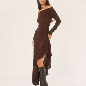 Womens Y2K Bodycon Dress Ruffle Long Sleeve Dresses Tassel Side Split Club Party Dress Streetwear, Off Shoulder Brown, Small