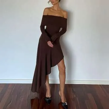 Womens Y2K Bodycon Dress Ruffle Long Sleeve Dresses Tassel Side Split Club Party Dress Streetwear, Off Shoulder Brown, Small