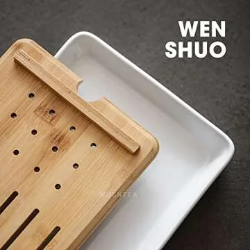 Ceramic Tea Tray, Double-Layer Bamboo Tray, for Tea Table (Rectangle, White)