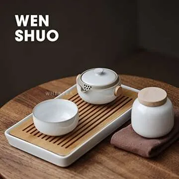 Ceramic Tea Tray, Double-Layer Bamboo Tray, for Tea Table (Rectangle, White)