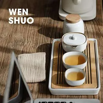 Ceramic Tea Tray, Double-Layer Bamboo Tray, for Tea Table (Rectangle, White)