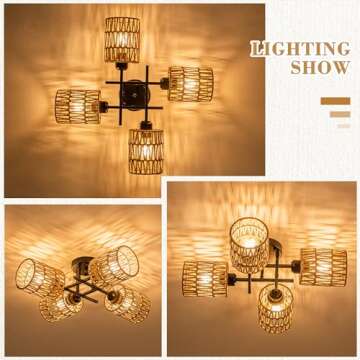 LUZBBLU Rattan Semi Flush Mount Ceiling Lighting Fixture 4-Light Boho Light Fixtures Ceiling with Ra...