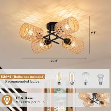 LUZBBLU Rattan Semi Flush Mount Ceiling Lighting Fixture 4-Light Boho Light Fixtures Ceiling with Rattan Shade Modern Sputnik Chandelier Hand Woven Boho Ceiling Lights for Kitchen Living Room Bedroom