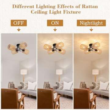 LUZBBLU Rattan Semi Flush Mount Ceiling Lighting Fixture 4-Light Boho Light Fixtures Ceiling with Rattan Shade Modern Sputnik Chandelier Hand Woven Boho Ceiling Lights for Kitchen Living Room Bedroom