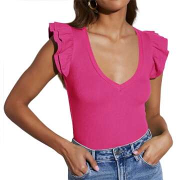 BONITEE Womens Casual Ruffle Short Sleeve Shirts Summer Sexy Deep V Neck Tshirt Trendy Ribbed Tank Tops 2025 Fashion Blouse Hot Pink,2XL