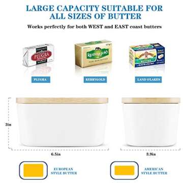 Large Butter Dish 22 oz (650ml), Airtight Butter Keeper Butter Container, Porcelain Butter Keeper Container with Beech Wooden Lid & Seal Ring