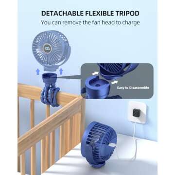 KIDEE Portable Baby Stroller Fan, Mini Baby Fan Clip on Fan, LED Display, 360° Rotate Flexible Tripod, Rechargeable Small Personal Handheld Fan Cooling Desk Fan for Car Seat Crib Treadmill Travel