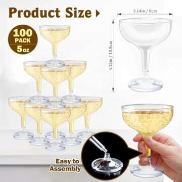 KYAPCK 100 Pcs Plastic Champagne Coupe Glasses for Parties, 5 oz Disposable Champagne Glasses Unbrea...
