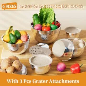 Fyrnova Mixing Bowls with Lids Set, 6 Piece Stainless Steel Nesting Storage Bowls for Kitchen, with 3 Grater Attachments & Non-Slip Bottoms, Size 5.5,3.5,2.5,2.1,1.5,1.1 QT