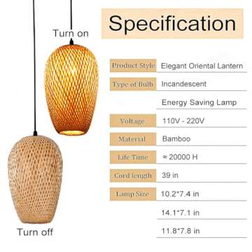 GWY Bamboo Lantern Pendant Lamp, Retro Japanese Style E27 Chandelier Hanging Light Ceiling Lighting Fixture for Living Room Bedroom Restaurant Cafe Teahouse Bar Dining Room Club