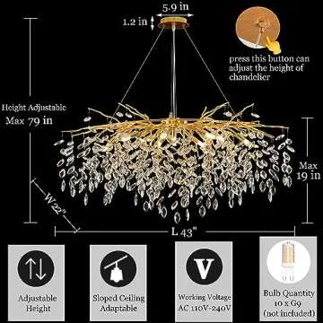 Upfelw Modern Rectangle Crystal Tree Branch Chandelier, L42'' Large Gold Linear Raindrop Indoor Hanging Pendant Light Fixture for Kitchen Island Foyer Living Room Dining Room 10 Lights