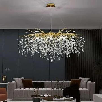 Upfelw Modern Rectangle Crystal Tree Branch Chandelier, L42'' Large Gold Linear Raindrop Indoor Hanging Pendant Light Fixture for Kitchen Island Foyer Living Room Dining Room 10 Lights