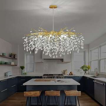 Upfelw Modern Rectangle Crystal Tree Branch Chandelier, L42'' Large Gold Linear Raindrop Indoor Hanging Pendant Light Fixture for Kitchen Island Foyer Living Room Dining Room 10 Lights