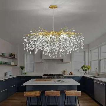 Upfelw Modern Rectangle Crystal Tree Branch Chandelier, L42'' Large Gold Linear Raindrop Indoor Hanging Pendant Light Fixture for Kitchen Island Foyer Living Room Dining Room 10 Lights