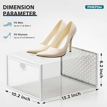Pinkpum 12 Pack Shoe Storage Boxes, Clear Stackable Shoe Containers for Closet, Sneaker Storage Fit for Size 11 (Large)